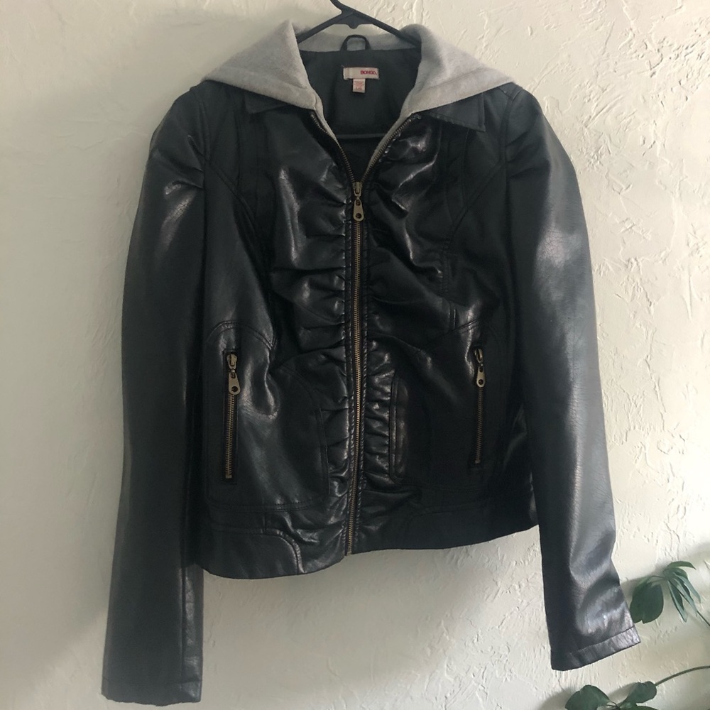 Faux Leather Jacket with Attached hoodie